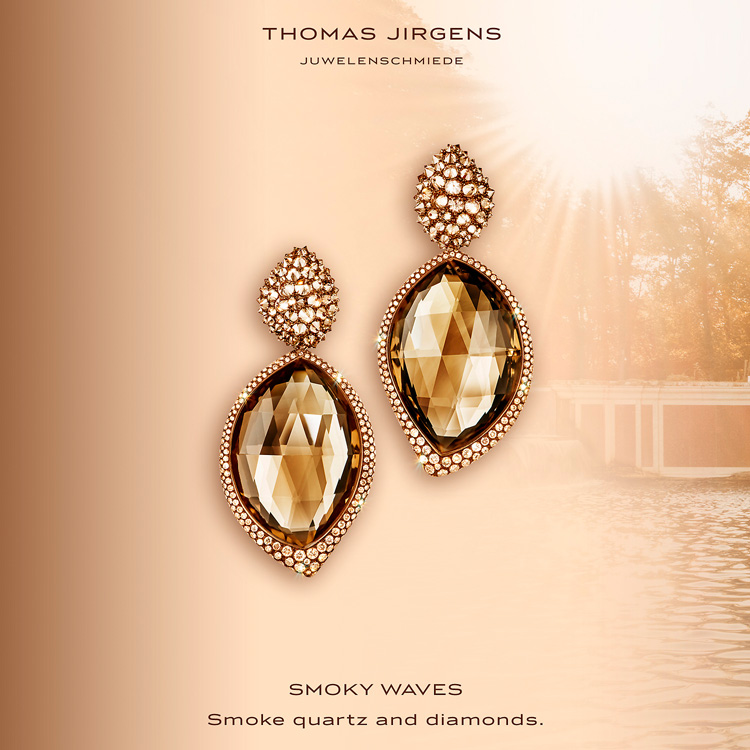 SMOKY WAVES Earrings gold leaves smoky quartz Indian diamond diamond earrings gold bronze gold earring gold bronze earrings invisible interchangeable mechanisms custom made length 4.5 cm gold diamond